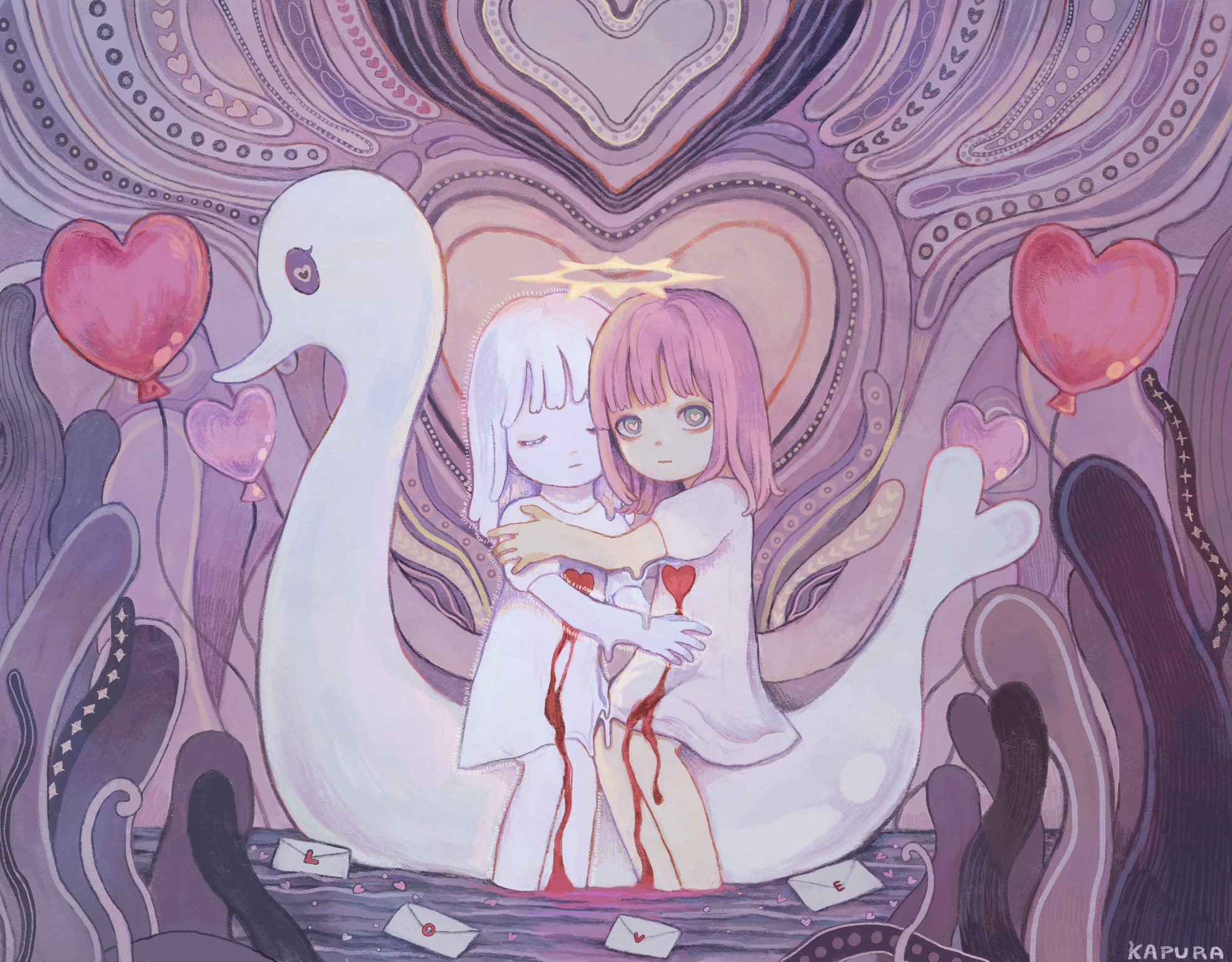 Illustration of two girls on a swan boat with a purple, abstract background and foreground surrounding them