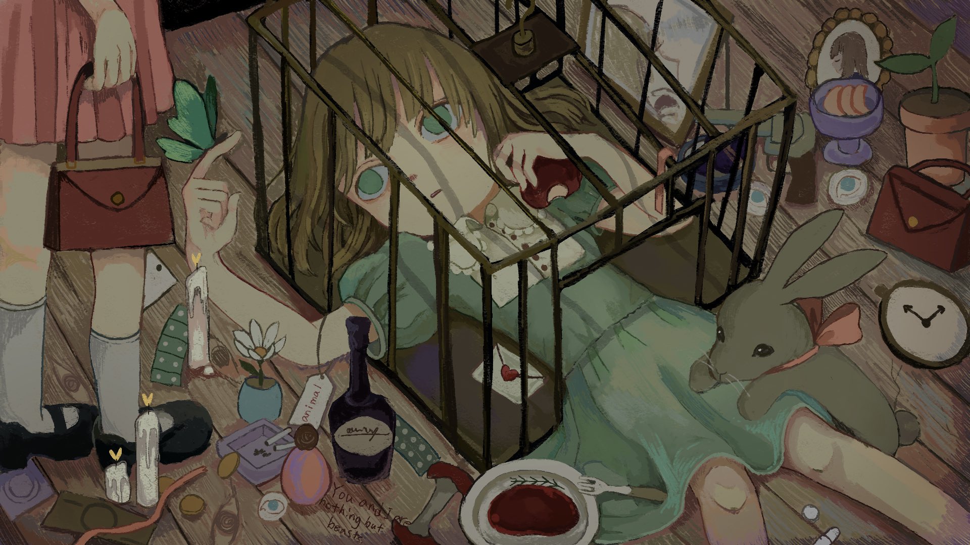 Illustration of a girl in a blue dress with her upper half in a bunny cage, with a bunny and various other objects surrounding her, and the lower half of a girl wearing a red dress and holding a purse visible adjacent to her