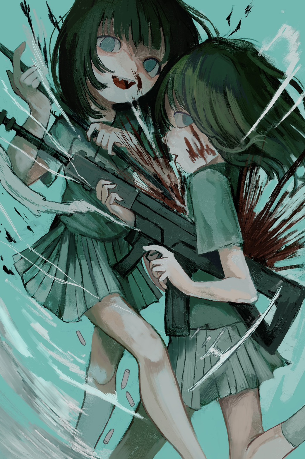Illustration of two girls facing the observer, each holding a weapon