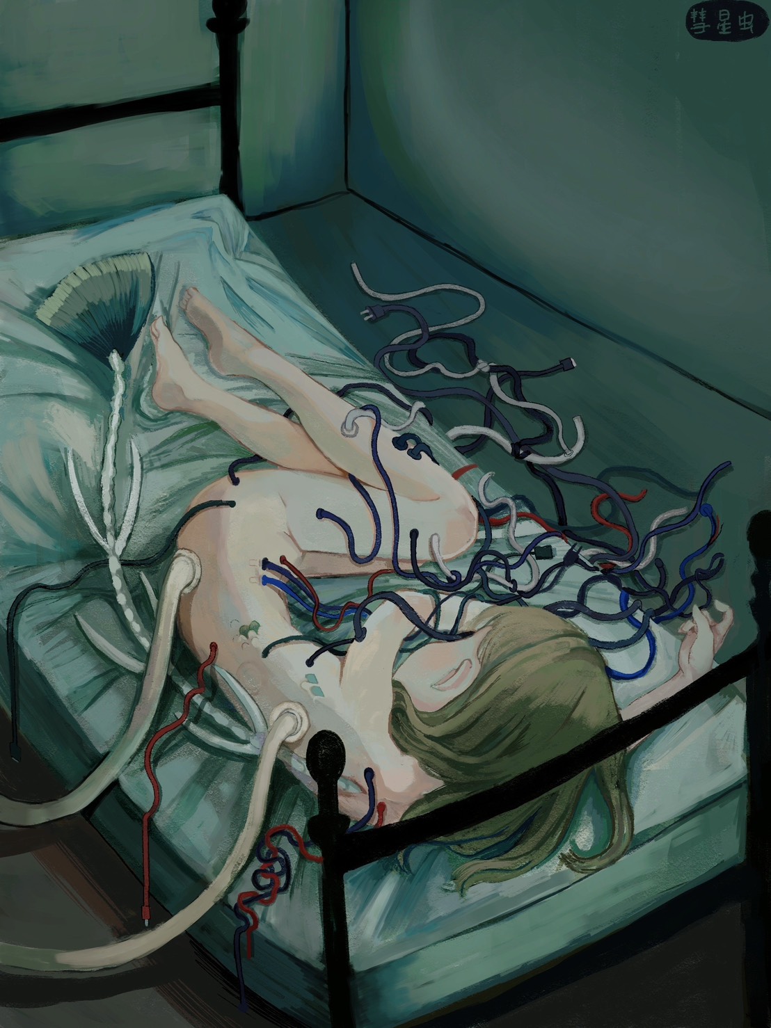 Illustration of a girl with features comparable to an aquatic animal, laying motionless in the fetal position, attached to many wires with most unplugged from their source