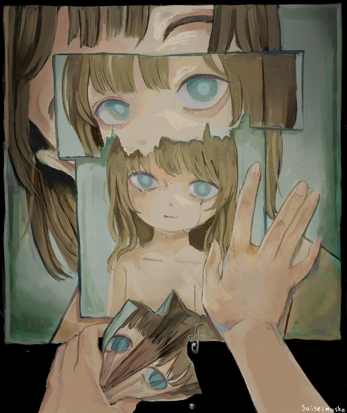 Illustration in a first-person perspective of a girl ripping layered pages of herself, with each page's version of herself depicting a different emotion as they look back at her