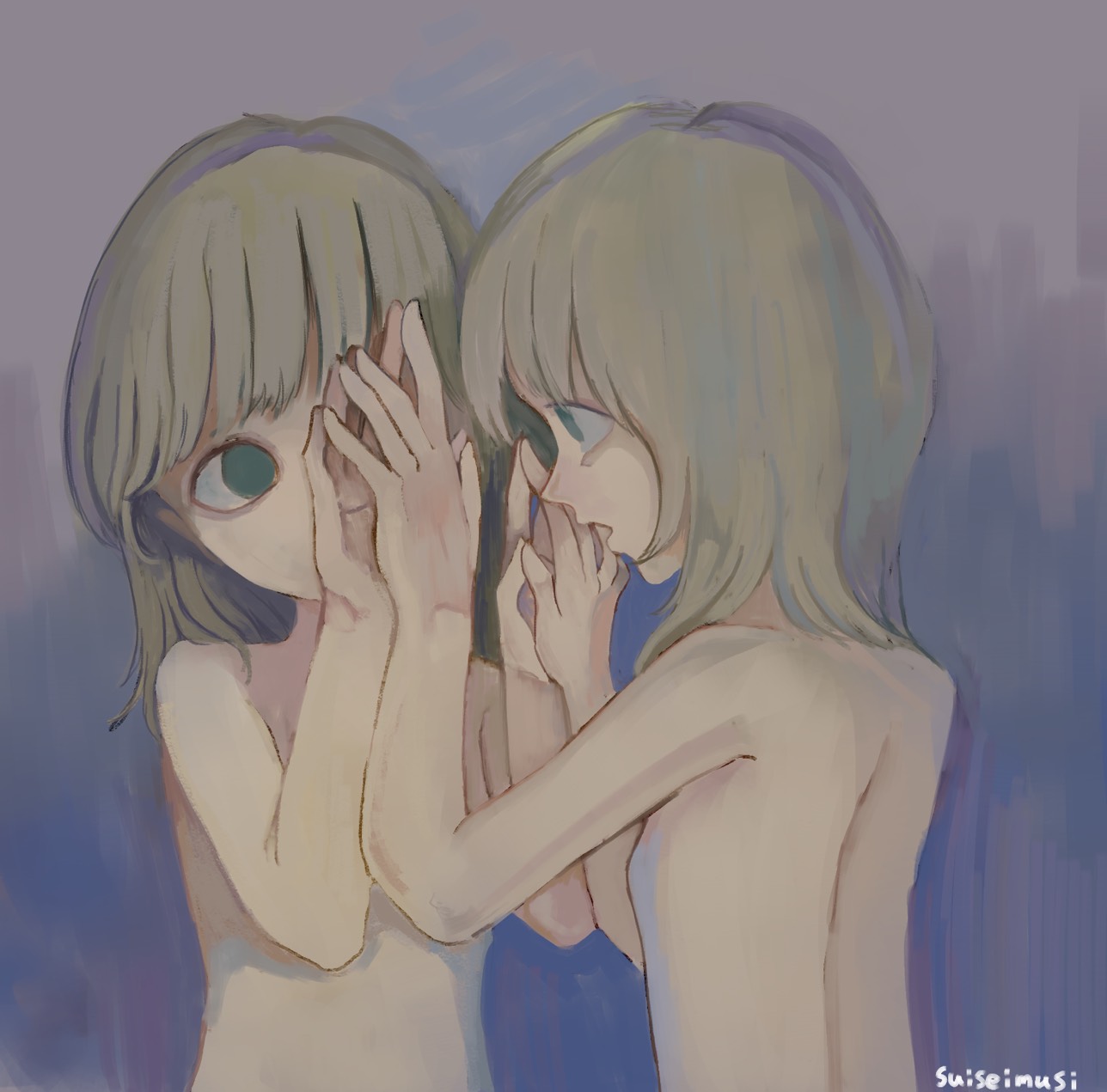 Illustration of a seemingly distressed girl and her reflection